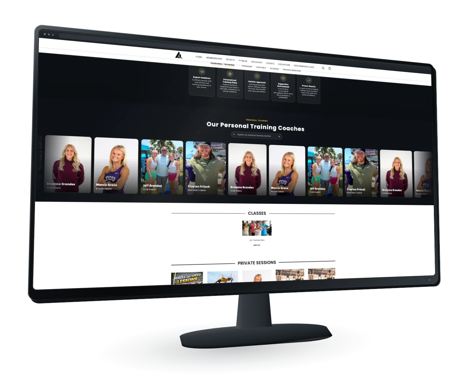 A screen capture of the Advanced Athletics Club personal training page shown on a monitor.